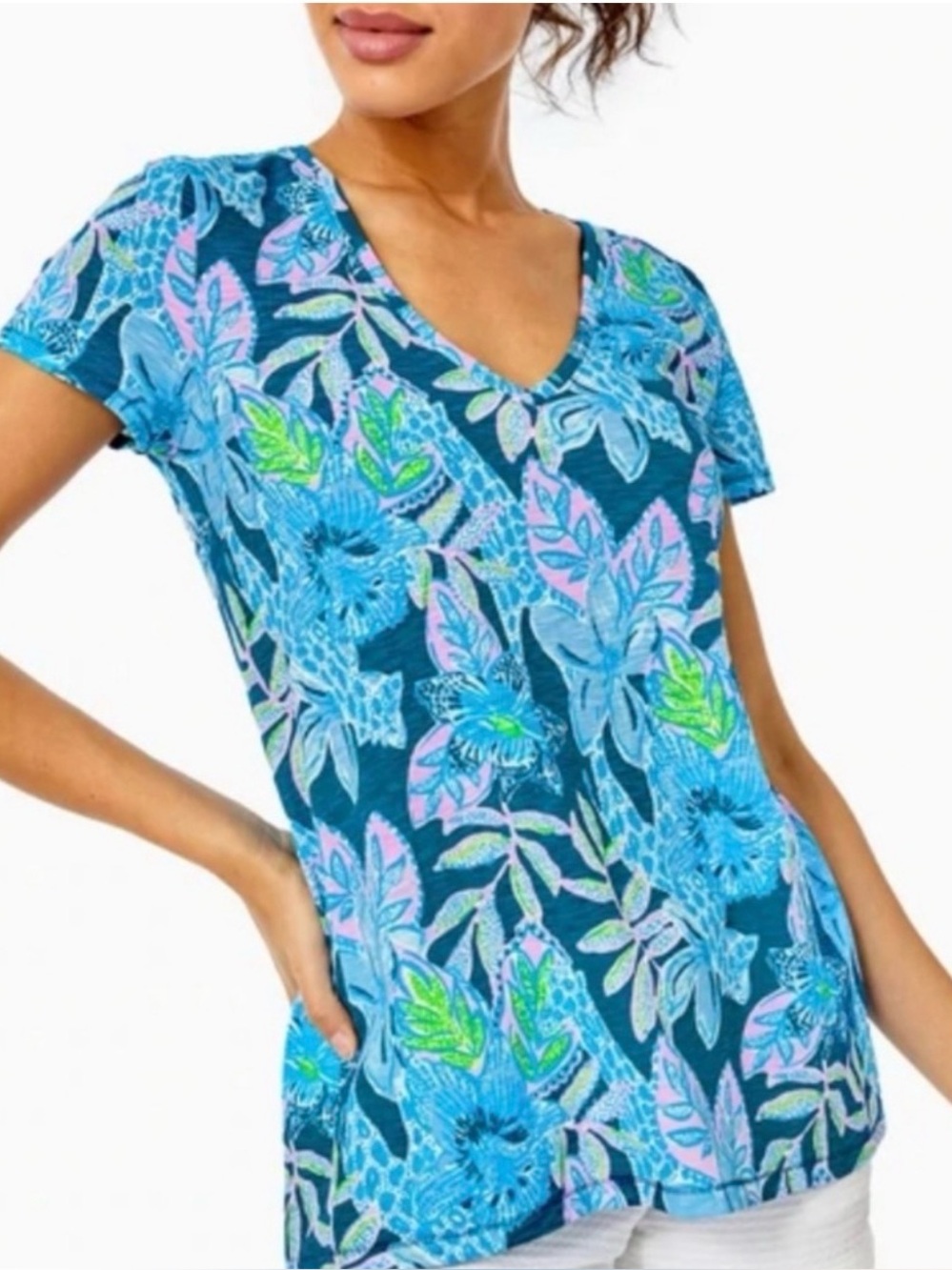 Lilly Pulitzer Etta V Neck Macaw Blue Short Sleeve Tee Top Size Small